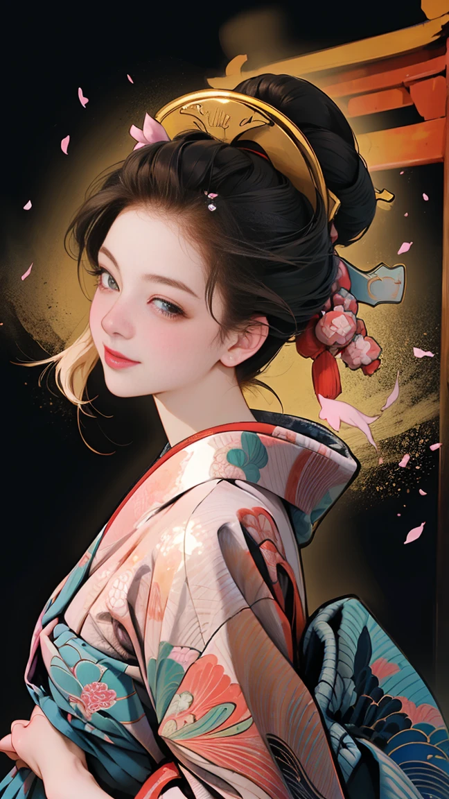 (SeaArt creates stunning digital illustrations of beautiful women in kimono)、A beautiful woman smiles and shows her upper white teeth、Vividly colored Japanese Ukiyo-e style illustrations、Brown-black long hair、Beautiful full body style、If you want to dance, dance along to the Tokyo Ondo, Yoi Yoi、Beautiful new digital paintings,、 Bright vibrant digital anime art、Beautiful anime portraits、The background is the torii gate of a Japanese shrine.、Detailed digital anime art、