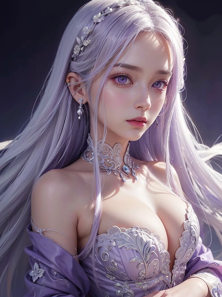 beautiful woman with long white hair, piercing purple eyes, intricate detailed portrait, delicate facial features, serene expression, soft skin, elegant posture, luxurious purple dress, cascade of white hair, shimmering highlights, dramatic lighting, cinematic composition, photorealistic, highly detailed, vibrant colors, masterpiece, digital painting