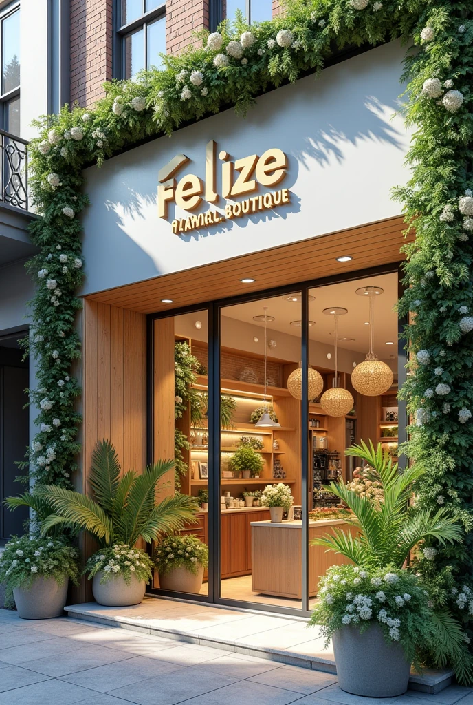 exterior building of a modern aesthetic and a light vibe of flower shop emphasizing the name of the shop "Felize Flower Farm Boutique."