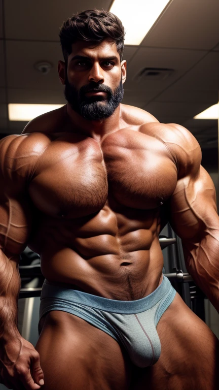 Handsome 40 years old Indian beared GURJAR man in loose gym tank and underwear, huge bulge, head to thigh, from front view, realistic, hd, hdr, detailed pictures, originality, head to thighs 