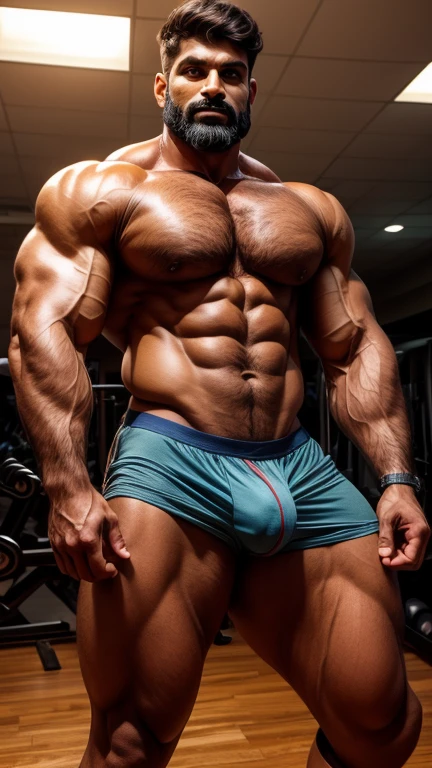 Handsome 40 years old Indian beared GURJAR man in loose gym tank and underwear, huge bulge, head to thigh, from front view, realistic, hd, hdr, detailed pictures, originality, head to thighs