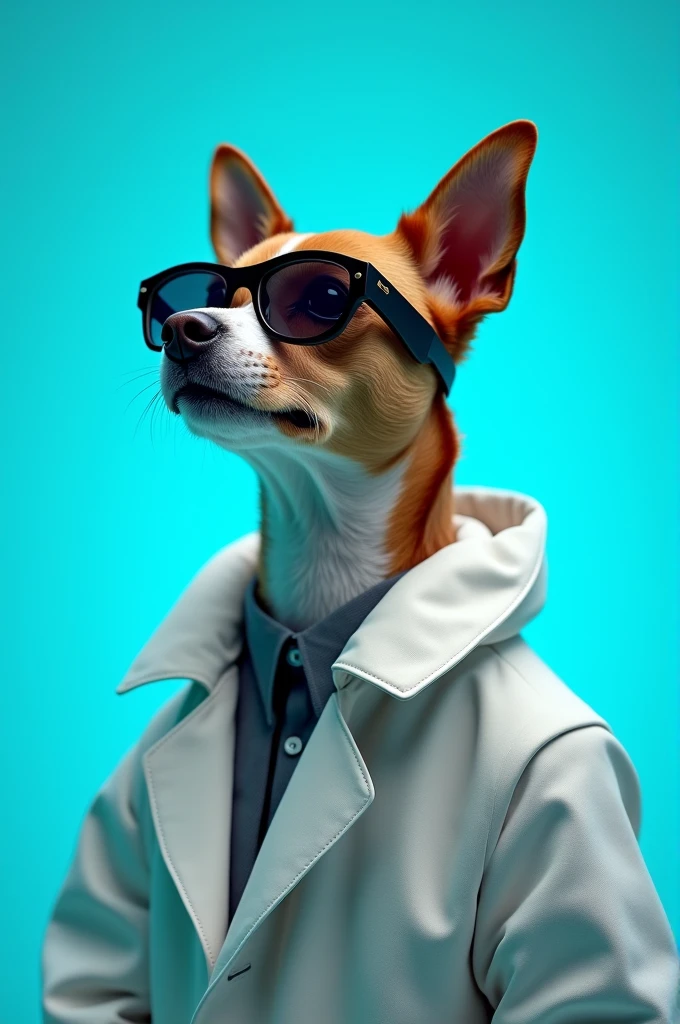 The best cell phone wallpaper, Award-Winning Wallpaper, portrait photography, In the front view is a portrait of a cute dog wearing mid-1960s space age fashion, Side view photo, Shot with Canon EOS R5, Set a strong contrast that accentuates the subject, Fluorescent blue tone, Wearing a very modern coat and sunglasses is a modern 1960s style, Clothes all in one color, beautiful background