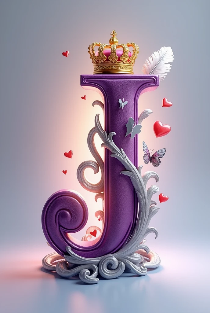 A 3d render of the a capital letter "J" in a purple and gold metallic font with a golden British crown above letter and a white feather and butterfly, with a light shine behind the letter, and a silver swirl underneath. A red heart , The background is a light gray.