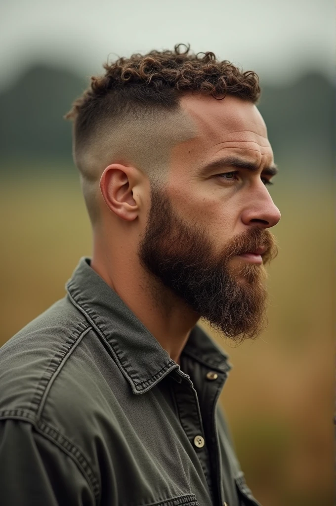 uhd, high details, best quality, a man with buzz cut curly, farmer
