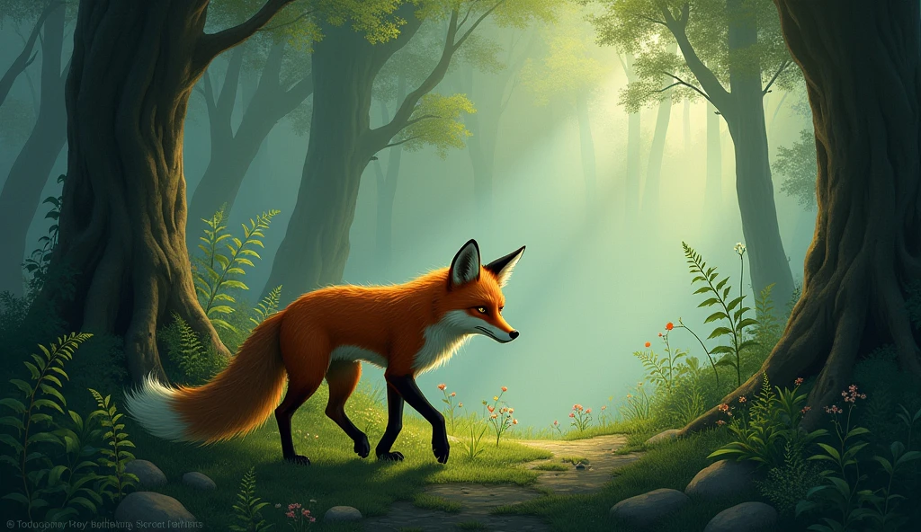 A fox walking in the forest: The fox is again wandering in the forest, but this time he is depressed and lost in thought.