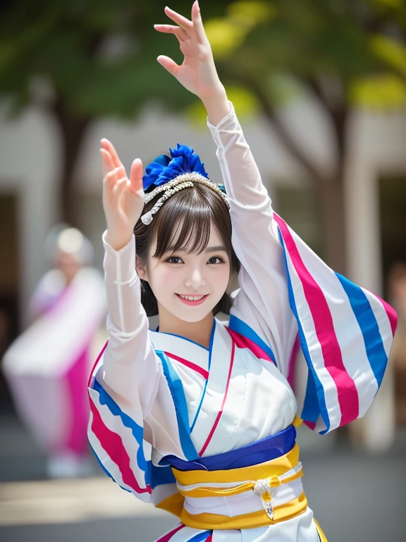 Photo-realistic quality、A 20-year-old Japanese woman dancing the Awa Odori dance、Traditional Bon Odori costumes based on white, White Arms、 White traditional costume, Japanese model, Cute playful pose of the dancer,  Beautiful images, Traditional Costume、looking at the camera、Detailed and beautiful eyes、Cute smile、A soft and gentle look