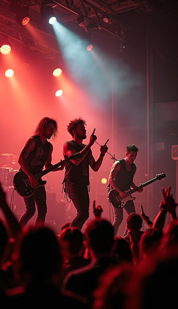 a punk rock band, on stage, performing, bokeh, night time, stage lights are on, people rocking out below the band's stage,