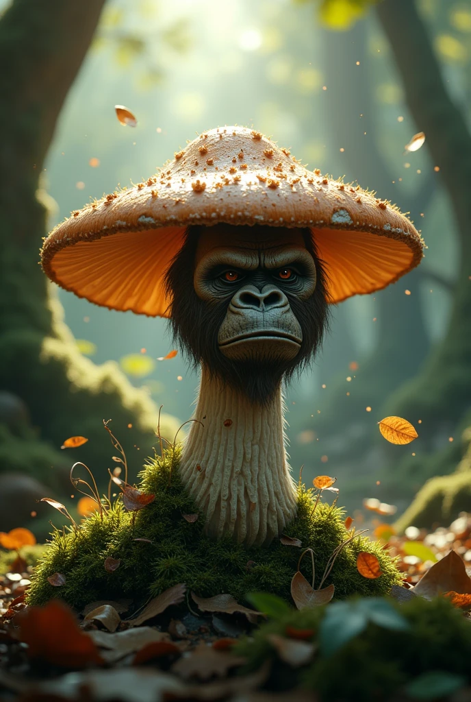 The mushroom has a gorilla face.
