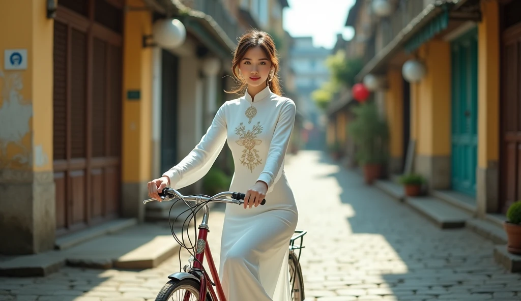 Make a photo of a Vietnamese female model wearing a white Ao Dai. Riding a bike on an old street. 20mm lens. bright. realistic. Focus your eyes well. Full shot.