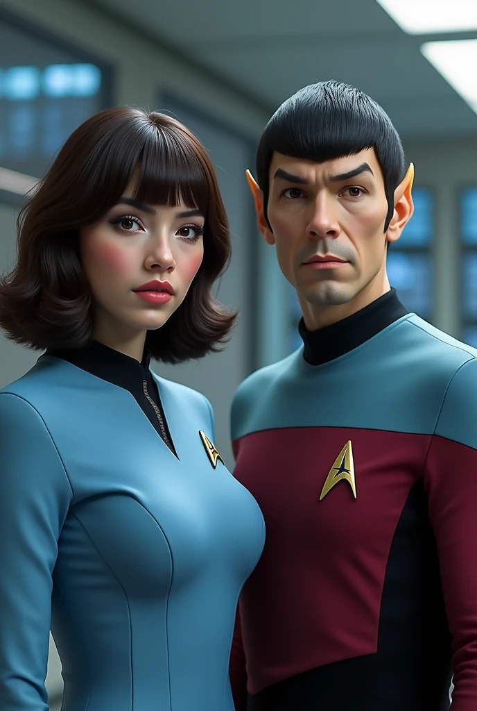 Dr Spock Dr Star trek next to a girl with dark brown wavy mid-length hair, with bangs, With dark brown almond-shaped eyes and a pinkish complexion , thin red lips and with the medical uniform. the Star Trek