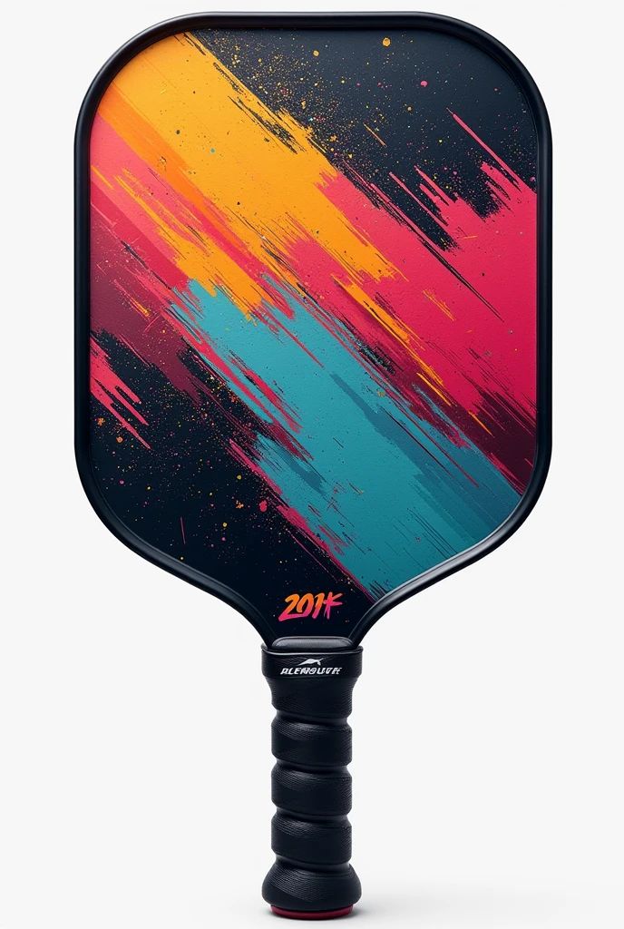 Design a pickleball paddle that reflects the modern and dynamic style of the sport. The paddle should feature a sleek, aerodynamic shape with a lightweight frame for easy handling. Include vibrant and energetic colors, with bold patterns or graphics that highlight the fun and social aspect of pickleball. The handle should be ergonomic with a comfortable grip, and the paddle face should have a textured surface for enhanced control and power. The overall design should be visually appealing and suitable for both casual and competitive players