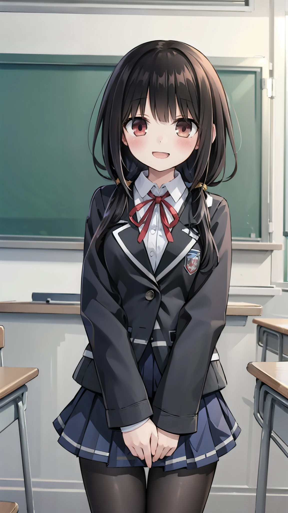 A girl，School Uniform JK，Blush Blush，Short skirt，Smile，open mouth，White，Classroom，Classroom desks