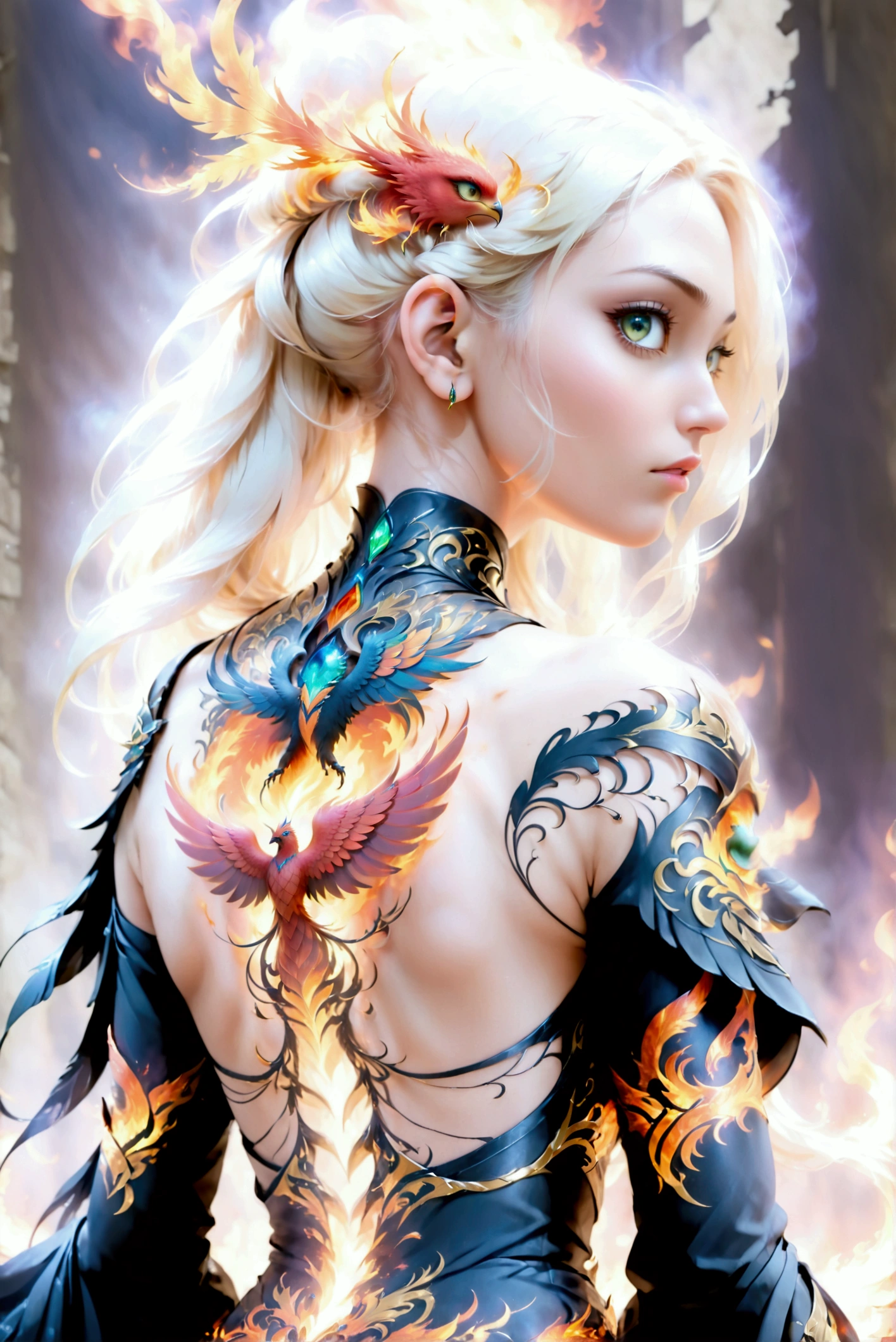 watercolor art, fantasy art, goth art, a picture of a tattoo on the back of a female elf, a glowing tattoo of a ((phoenix: 1.3)) on the elf's back, the ((phoenix tattoo)) is vivid, intricate detailed coming to life from the ink to real life, ((fire surrounds the phoenix: 1.5)), shoot taken from the back, ((the back is visible: 1.3), a most beautiful elf, exquisite beauty, small pointed ears, long hair, she wears a transparent black dress, the dress is elegant, flowing, elven style, that the tattoos glow, blond hair color, dynamic hair style, cinematic light, High Detail, Ultra High Quality, High Resolution, 16K Resolution, Ultra HD Pictures, 3D rendering Ultra Realistic, Clear Details, Realistic Detail, Ultra High Definition,Comistyle, faize, art by mooncryptowow
