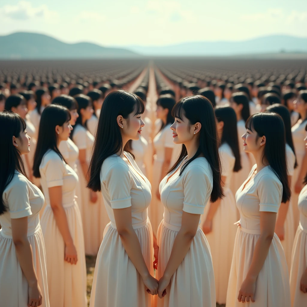 (((((Japanese Clone girls=Myself)))))), (((Best Super High quality Myself Clone girls Raw Photography Art))), (16K, Highest quality, Ultra-high resolution, RAW Photos), (((It&#39;s so unrealistic., With unparalleled depiction, With an unfathomable sight, An unprecedented and shocking worldview, Clone girls in a world of mass reproduction, Ultra-realistic))), (((Japanese, woman, 24yo, Ishihara Satomi))), (Small face, ((Thick black hair, Semi-long hair))), ((V-neck short-sleeve dress)), (((((Very detailed美しい女体, Accurate body structure, Very detailed完璧な, Super busty body with very large breasts, Clearly emphasizes cleavage))))), (((Dark Eyes, Mature face, Cute Smile, A gentle gaze))), (((Her happy and smiling expression is so cute))), ((((((((Very detailed分身増殖描写, ((1girl→Myself cloning→1,000,000,000,000,000,000,000,000,000,000,000,000,000,000,000,000,000,000,000,000Myself Clone girls)))))))))), ((((((((Very detailed, The precise depiction of the proliferation of Myself Clone girls, ((With the perfectly identical bodies of Myself clone girls, With the exact same face as the Myself clone girls, With the exact same hairstyle as the Myself clone girls, In the exact same clothes as the girls who are my clones, Perfectly the same height as the Myself clone girls, Super big breasts, just like the Myself clone girls)))))))))), (((Myself clone girls only))), (((Multiple pairs, Very detailed depiction, (Myself clone girls hug each other, Myself clone girls assemble, Fun conversations with fellow Myself clone girls, A fun conversation between Myself clone girls, Myself clone girls holding hands, Walking with lots of Myself clone girls)))), (((Everyone looks at the camera))), (((Unbelievably crowded, Transcendent Myself clone girls intimately, Countless Myself clone girls surround you in 360 degrees))), (Bright, soft sunlight), (((Very wide field of view, Very detailed, Detailed ultra-perspective depiction with clear depth, wide view))), (((((Landscape with a curved slope))))), (((Very photographic and detailed depiction, Myself clone girls will multiply infinitely and fill the surroundings from one side to the horizon with their bodies tightly packed together without any gaps., A scene of endless Myself clone girls and a fun atmosphere))), (Focus on the average value of the image)