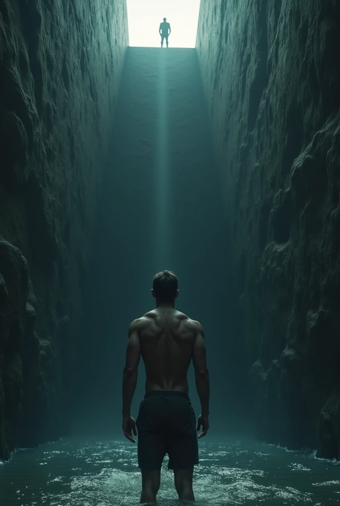Generate the image of a young white man,Strong shirtless, he is trapped in a well-shaped prison, Deep,long,hits and darkens,
He is standing looking up from the shore, where you see the exit there is also the silhouette of a man looking back,
