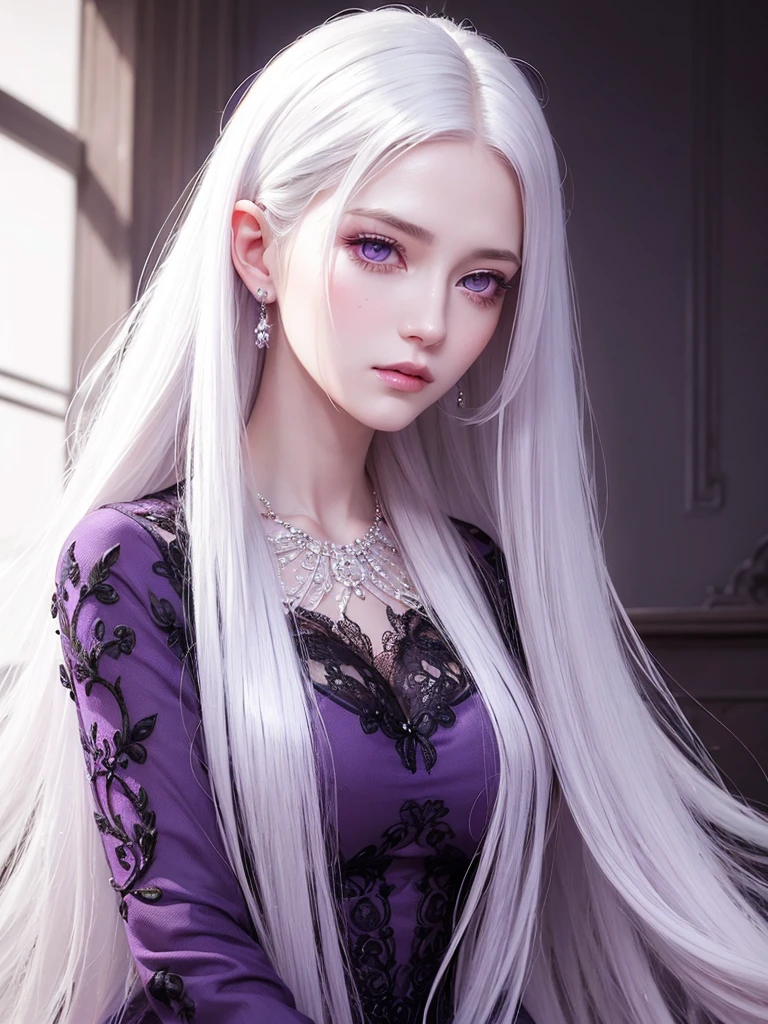 beautiful woman with long white hair, piercing purple eyes, intricate detailed portrait, delicate facial features, serene expression, soft skin, elegant posture, luxurious purple dress, cascade of white hair, shimmering highlights, dramatic lighting, cinematic composition, photorealistic, highly detailed, vibrant colors, masterpiece, digital painting