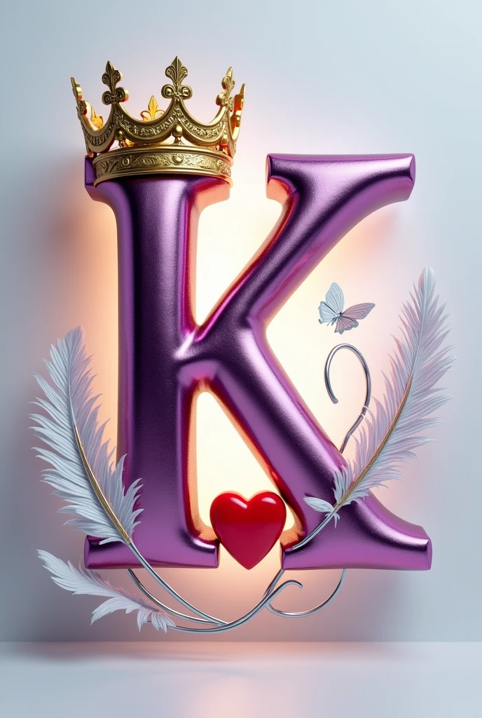 A 3d render of the a capital letter "K" in a purple and gold metallic font with a golden British crown above letter and a white feather and butterfly, with a light shine behind the letter, and a silver swirl underneath. A red heart , The background is a light gray.