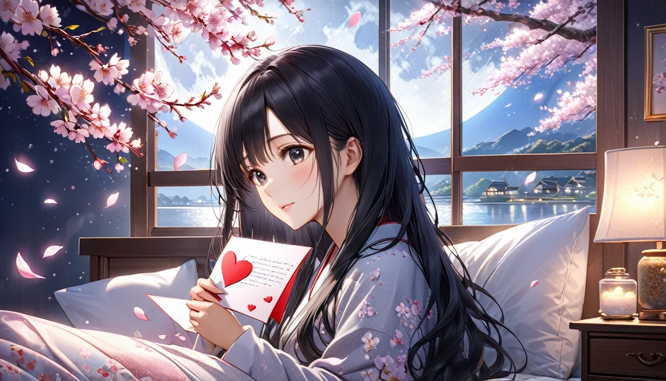 アニメ, A beautiful young Japanese woman with long black hair, dreamily gazing at a love letter, soft moonlight illuminating her face, cherry blossoms floating in the background, cozy bedroom setting, romantic and tranquil atmosphere, photorealistic, highly detailed
