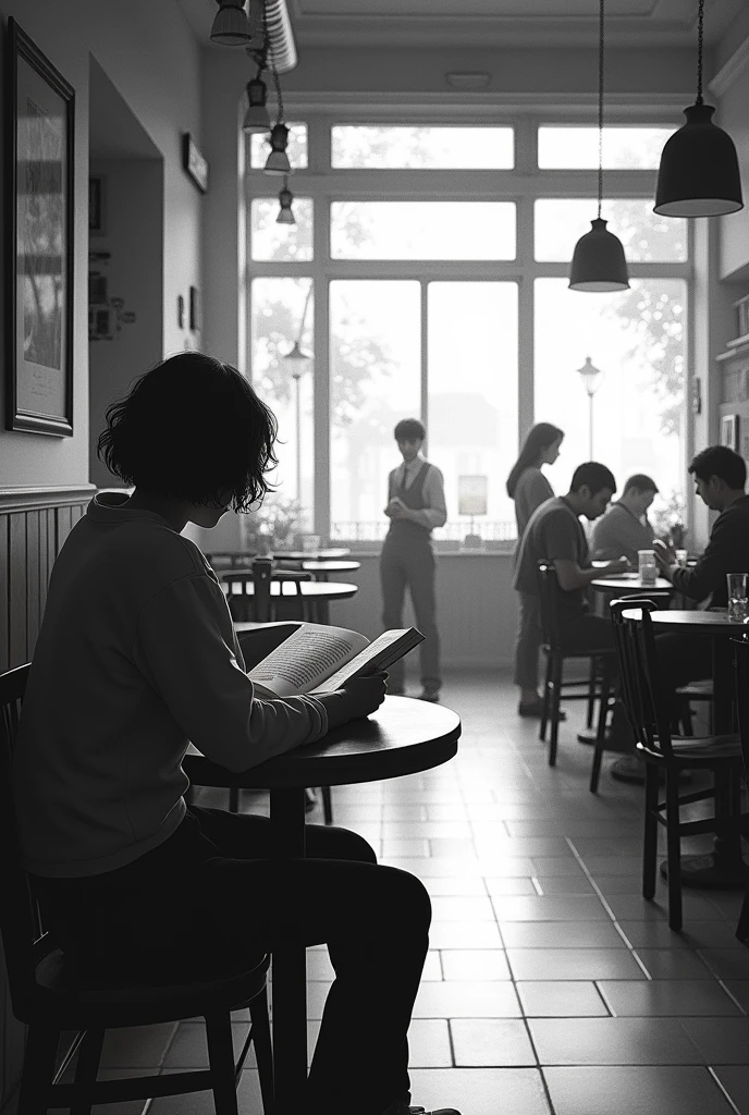 [(1)..LS/Nview PAN goes wide and sees the atmosphere of the room.] At the cafe, the atmosphere inside the shop is filled with staff and a few people sitting and working or drinking drinks in a quiet atmosphere. [CUT..(2)..MS sees White&#39;s back] Reading a book, black and white picture