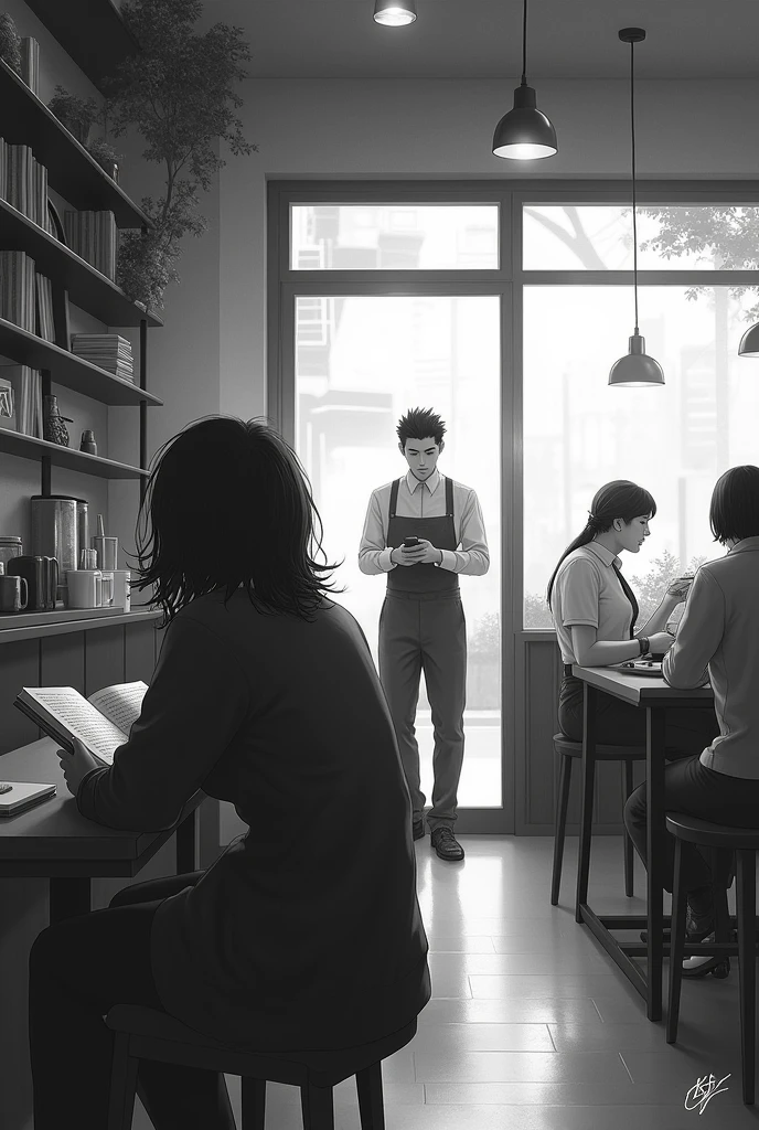 [(1)..LS/Nview PAN goes wide and sees the atmosphere of the room.] At the cafe, the atmosphere inside the shop is filled with staff and a few people sitting and working or drinking drinks in a quiet atmosphere. [CUT..(2)..MS sees White&#39;s back] Reading a book, black and white picture