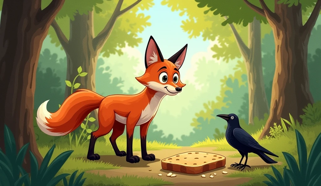 Surprise of the fox: The fox opens his eyes and is surprised to see that both the crow and the bread are missing.