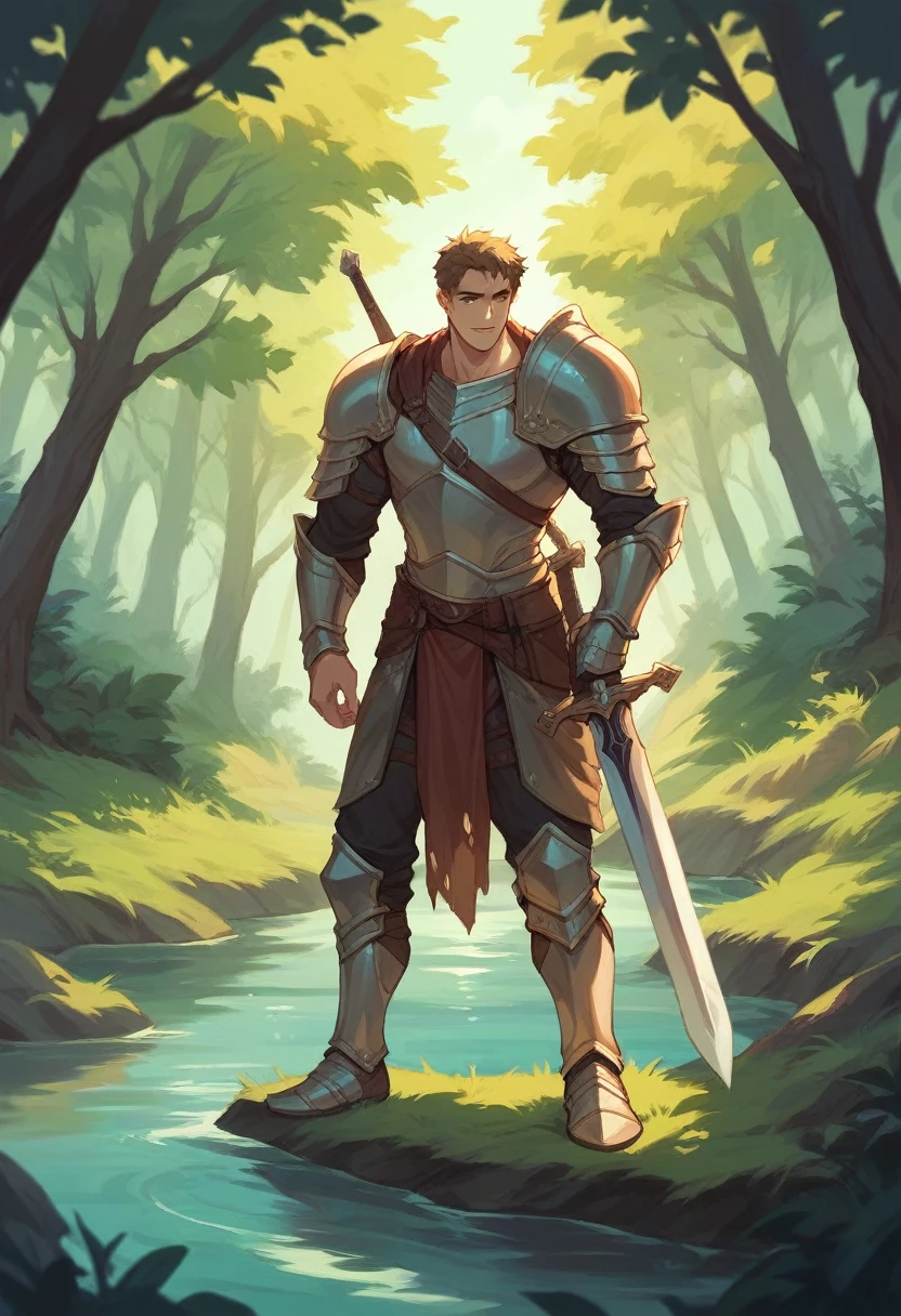 A man hold sword and wear armor in the forest near the river