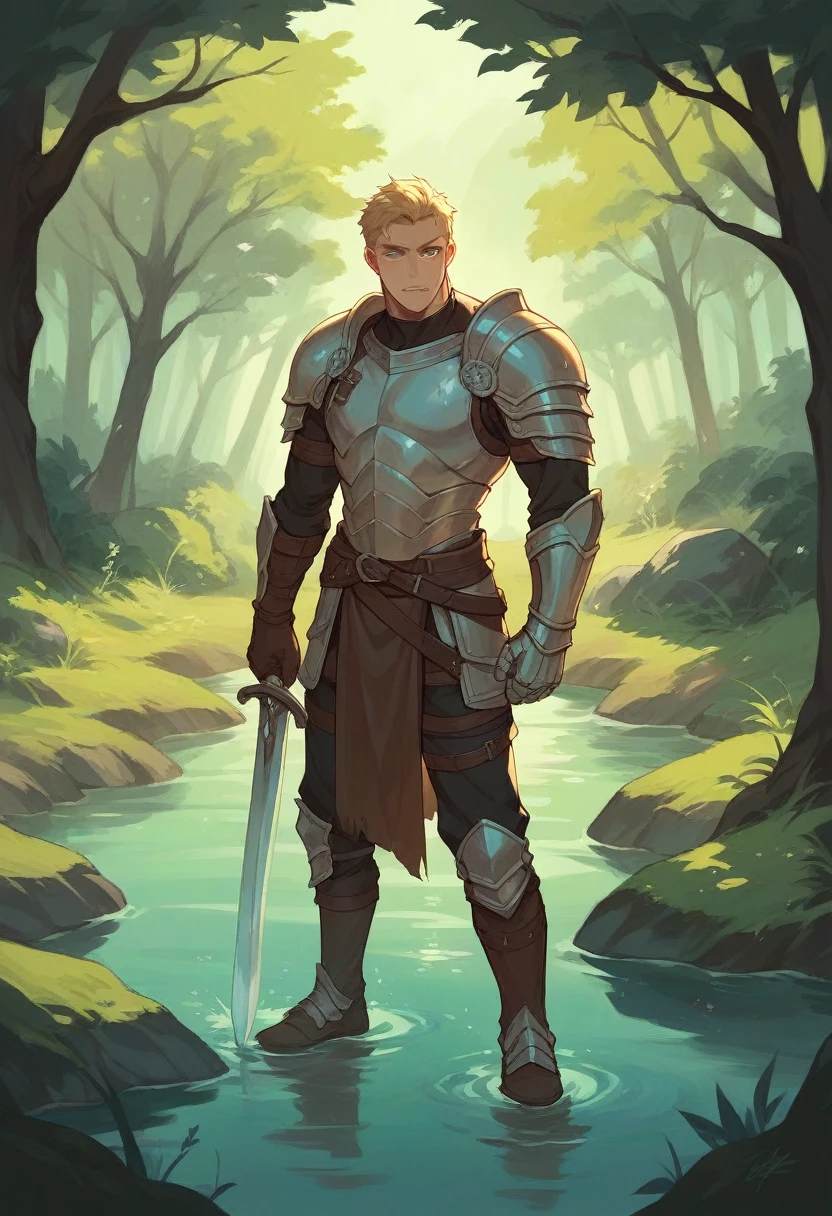 A man hold sword and wear armor in the forest near the river