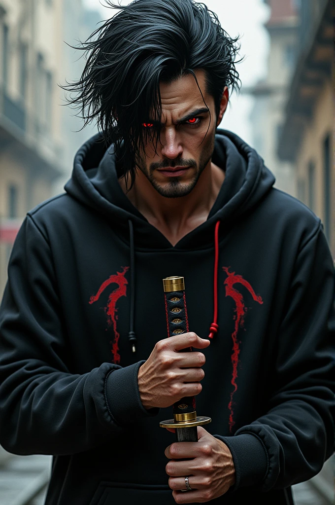 A crazy male character/insane with red eyes black hair thrown to one side black sweatshirt with red details and a katana 