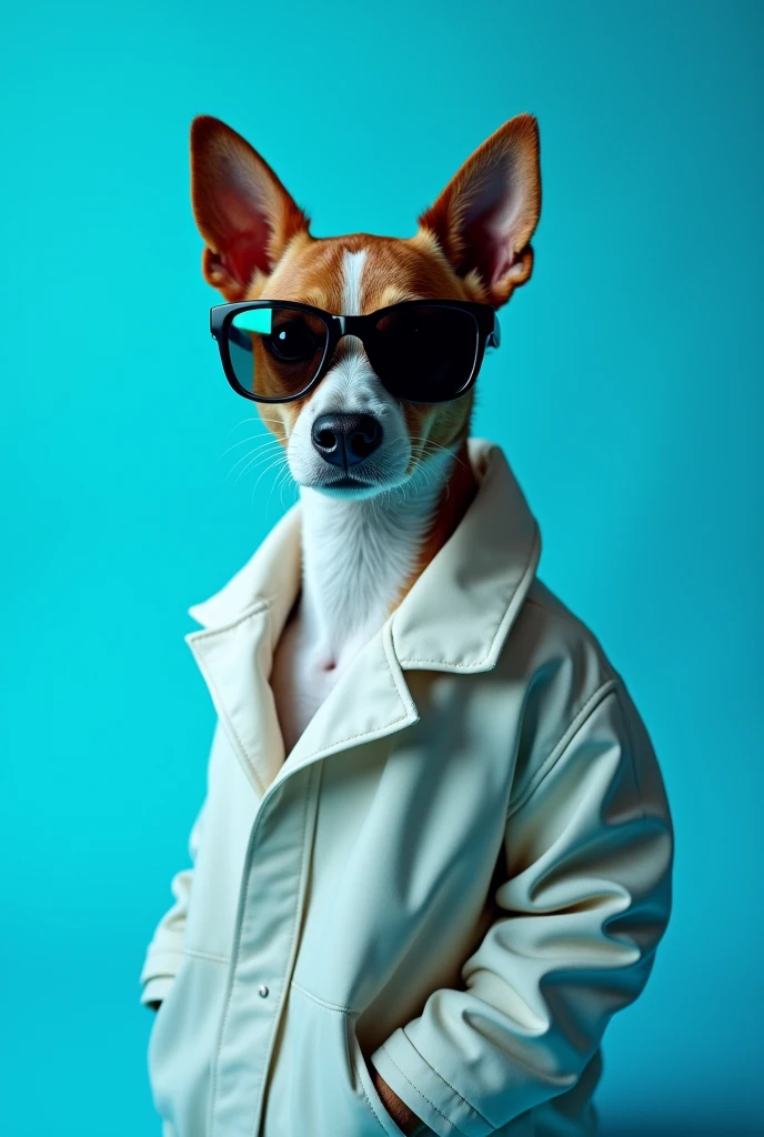 The best cell phone wallpaper, Award-Winning Wallpaper, portrait photography, In the front view is a portrait of a cute dog wearing mid-1960s space age fashion, Side view photo, Shot with Canon EOS R5, Set a strong contrast that accentuates the subject, Fluorescent blue tone, Wearing a very modern coat and sunglasses is a modern 1960s style, Clothes all in one color, beautiful background