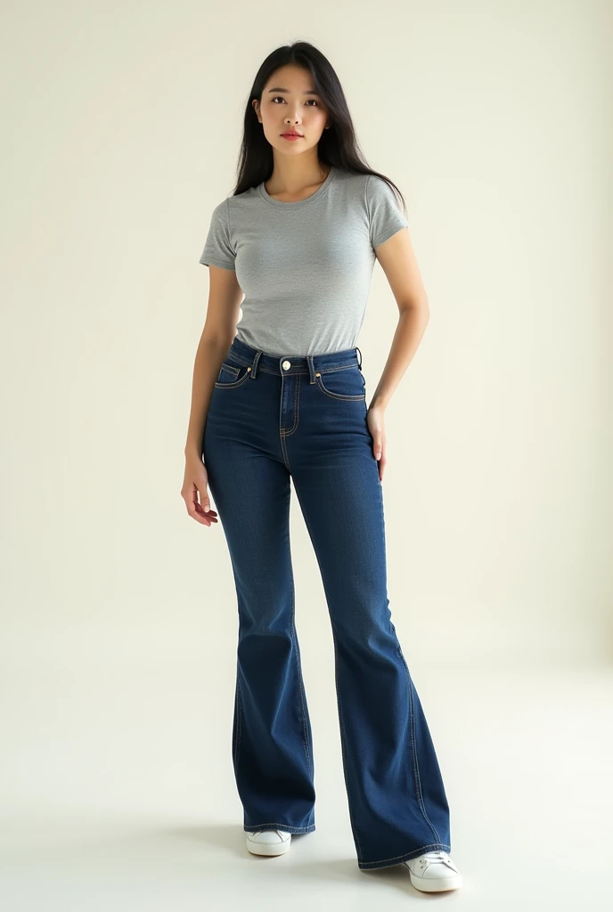 image captured with a Sony α7 III camera, full body shot,hourglass body figure, large body build, young asian woman early 20's, fitted waist flared jeans in dark Blue color, fitted waist tee in gray color, standing, white shoes, creamy white background