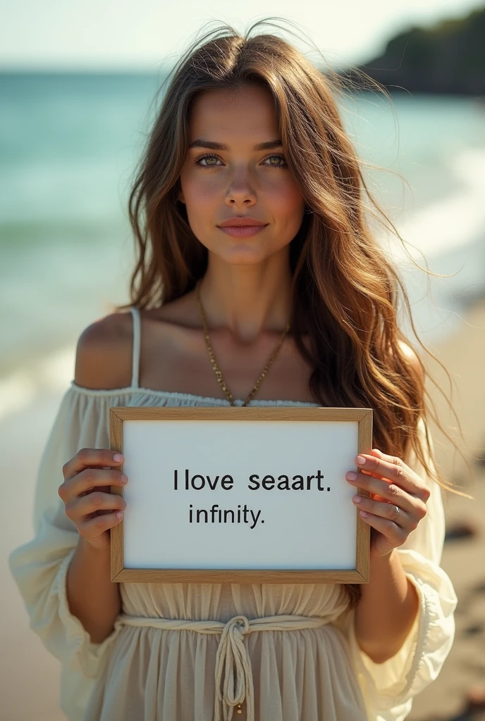 Beautiful girl with wavy long hair, bohemian dress, holding a white board with text "I Love Seaart Infinity" and showing it to the viewer