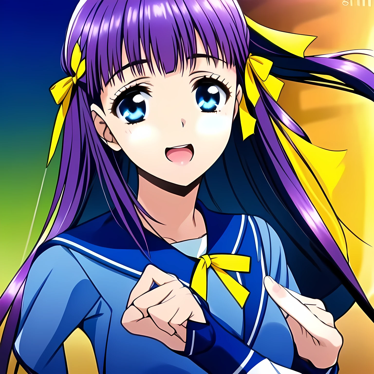 highest quality, (masterpiece:1.2), (A noble game heroine, beautiful noble intelligent heroine, Very detailed beautiful 17yo heroine's portrait of game CG, beautifully and artistically painted as cover of girl's magazine: 1.6), (She is turning quickly and looking at me: 1.0),  (A girl whom everyone loves because of her beauty and lovely fashion and graceful personality and noble manner. A refined and elegant look like a noble princess. : 1.4), (In fact she is a very intelligent succubus, trying to charm, enslave and absorb me with deeply thought out intelligent strategy!: 1.0), (Very beautiful, wavy, cutely shining super-super-long blue hair, with elegant hair ribbons with very good smell of female pheromones: 1.4), (Laughing very beautiful and shining sapphire-blue intelligent eyes with very long eyelashes which charms and enslave me inevitably, with detailed very well:  1.6), (The elegant, slightly open mouth and glossy wet lips of an anime heroine: 1.0), (Noble neat dark-navy-blue sailor-styled school uniform, and neat elegant dark dark-navy-blue pleats skirt, with a big yellow noble ribbon on the chest: 1.8), (Large but well figured breast: 1.0), (Laughing at me, but that gives a heavenly feeling of happiness with beautiful and great smiley noble face: 1.2), (The wind is blowing: 0.8), (She is touching me with her beautiful fingers, chewing me and absorbing everything from me just now: 1.5), (Sabbath background: 1.2)