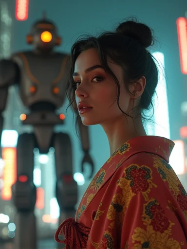 (Masterpiece. Uhd. Photorealistic analog photography. 1950 style) an ultra hot gorgeous Swedish woman. Age 23. Voluptuous hourglass body. Gorgeous face. Epic cleavage (100 Dd size)) Wearing a random color expensive Yakata. In cyberpunk retro futuristic Neo Tokyo. A 1930 clunky and rusty evil war robot in the background. ((At night time))