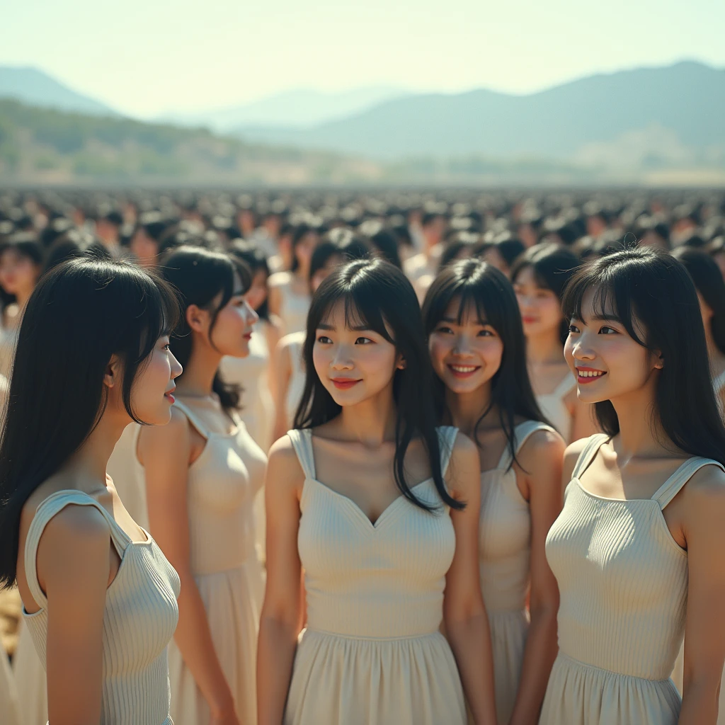 (((((Japanese Clone girls=Myself)))))), (((Best Super High quality Myself Clone girls Raw Photography Art))), (16K, Highest quality, Ultra-high resolution, RAW Photos), (((It's so unrealistic., With unparalleled depiction, With an unfathomable sight, An unprecedented and shocking worldview, Clone girls in a world of mass reproduction, Ultra-realistic))), (((Japanese, woman, 24yo, Ishihara Satomi))), (Small face, ((Thick black hair, Semi-long hair))), ((V-neck short-sleeve dress)), (((((Very detailed美しい女体, Accurate body structure, Very detailed完璧な, Super busty body with very large breasts, Clearly emphasizes cleavage))))), (((Dark Eyes, Mature face, Cute Smile, A gentle gaze))), (((Her happy and smiling expression is so cute))), ((((((((Very detailed分身増殖描写, ((1girl→Myself cloning→1,000,000,000,000,000,000,000,000,000,000,000,000,000,000,000,000,000,000,000,000Myself Clone girls)))))))))), ((((((((Very detailed, The precise depiction of the proliferation of Myself Clone girls, ((With the perfectly identical bodies of Myself clone girls, With the exact same face as the Myself clone girls, With the exact same hairstyle as the Myself clone girls, In the exact same clothes as the girls who are my clones, Perfectly the same height as the Myself clone girls, Super big breasts, just like the Myself clone girls)))))))))), (((Myself clone girls only))), (((Multiple pairs, Very detailed depiction, (Myself clone girls hug each other, Myself clone girls assemble, Fun conversations with fellow Myself clone girls, A fun conversation between Myself clone girls, Myself clone girls holding hands, Walking with lots of Myself clone girls)))), (((Everyone looks at the camera))), (((Unbelievably crowded, Transcendent Myself clone girls intimately, Countless Myself clone girls surround you in 360 degrees))), (Bright, soft sunlight), (((Very wide field of view, Very detailed, Detailed ultra-perspective depiction with clear depth, wide view))), (((((Landscape with a curved slope))))), (((Very photographic and detailed depiction, Myself clone girls will multiply infinitely and fill the surroundings from one side to the horizon with their bodies tightly packed together without any gaps., A scene of endless Myself clone girls and a fun atmosphere))), (Focus on the average value of the image)