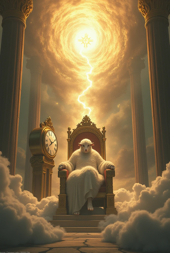 an image that shows a throne in heaven next to a time clock and the slain lamb of God sitting on it like a slain sheep controlling the. Temps.