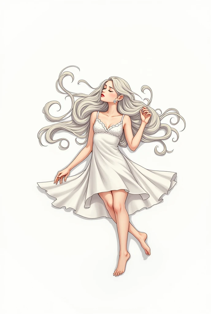 Give me a white background image in the style of the skullgirls game, of a girl lying on her back facing forward as if she were looking at the sky