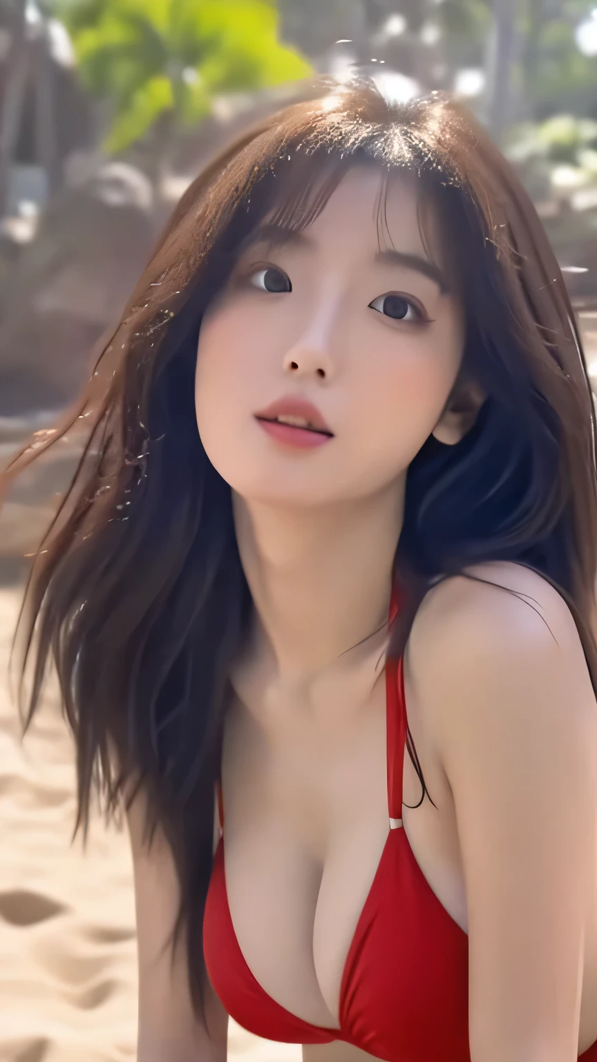 Fluffy semi-long hair、Japanese Realistic Painting,8k、RAW Photos、Highest quality、Genuine、Realistic、Professional Lighting、Mix 4、Beautiful woman、blowjob、Bikini Swimwear、milk of medium size,、Beach、M-shaped legs、1 female、Big beautiful eyes、Slim figure、Sexy look、Half-open mouth