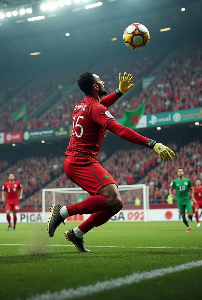 A dynamic, photorealistic image of Moroccan goalkeeper Yassine Bounou (Bono) making an acrobatic diving save during a crucial moment in an international match. He's wearing the vibrant red Moroccan national team kit with his name and number visible. The stadium is packed with cheering fans, many waving Moroccan flags. The ball is just centimeters from his outstretched gloves as he leaps through the air, his face showing intense concentration. The goal and net are visible in the background, along with other players reacting to the save. The lighting dramatically highlights the action, creating a sense of a championship-worthy moment