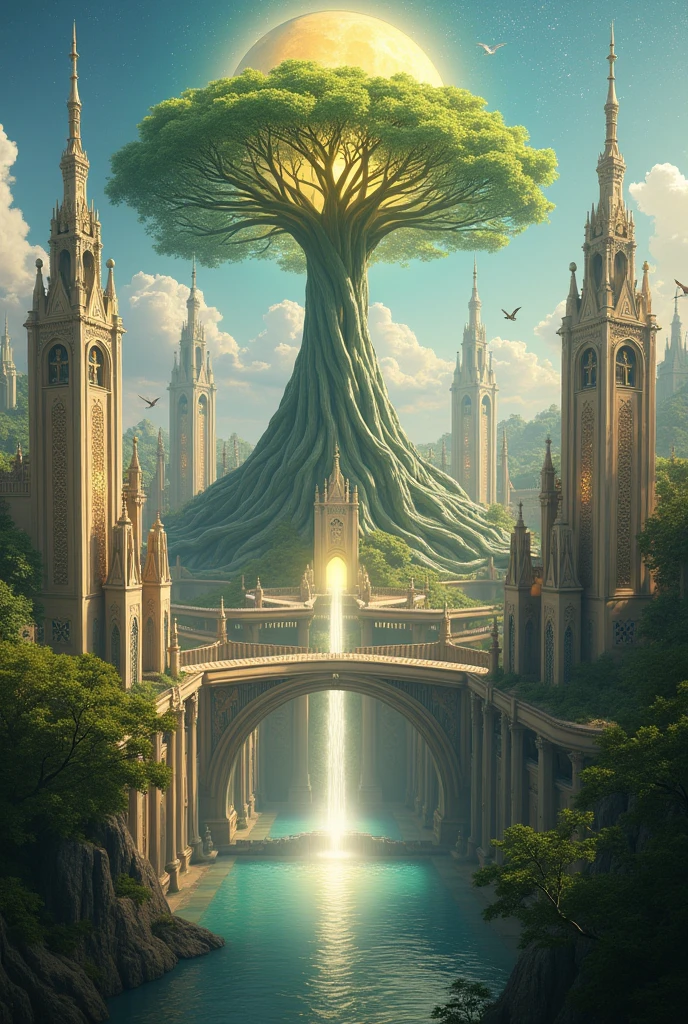 A beautiful city like that of elves, very beautiful that represents the new Jerusalem, with the tree of life in the center that divides its trunk in two like a bridge and in the middle crosses the river of life