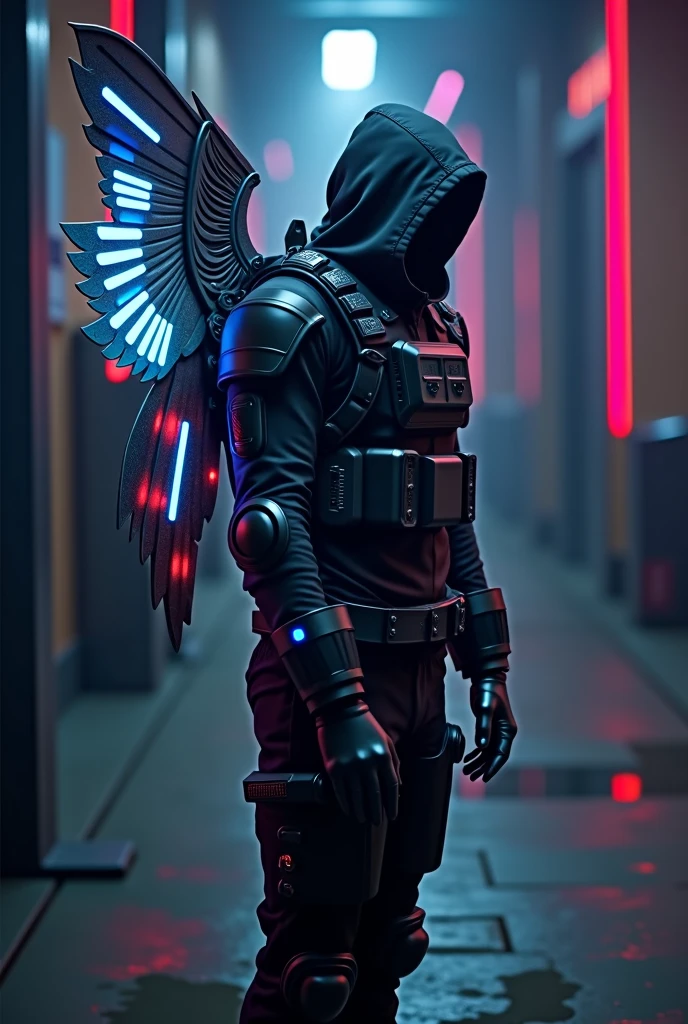 A man stands with his back to the viewer, dressed in futuristic tactical gear. His outfit is a blend of modern armor designs and high-tech elements, primarily in black, with accents of purple, silver, neon blue, and red. On his back, he has mechanical wings made of gleaming metal, adorned with neon lights that glow in blue and red. The wings are intricately designed, with a touch of futuristic technology. The man is wearing a hood pulled low over his head, keeping his face hidden in shadow. The scene is dark and mysterious, with a slight futuristic glow from the neon lights. The wings reminds of angle wings and retracted