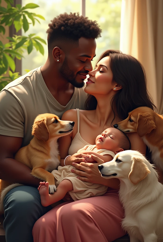 Black man loves white girl with small baby and three dogs around there