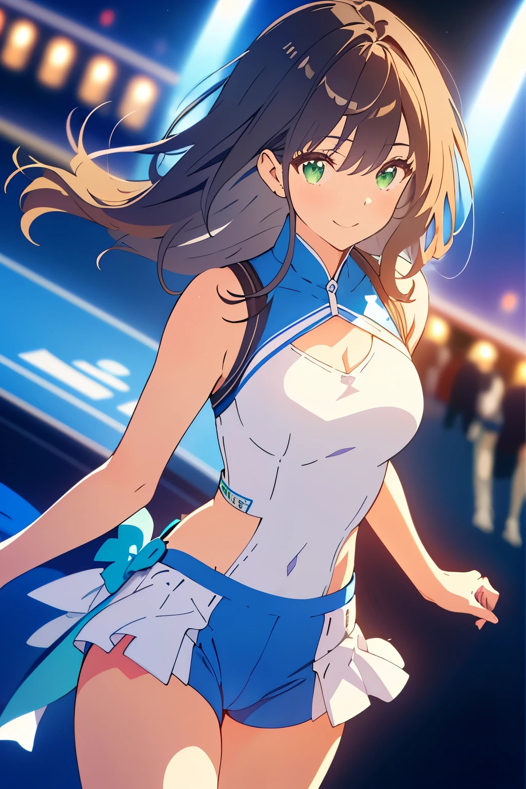 ((masterpiece, Highest quality, High resolution, 超High resolution, Pixel perfect, Written boundary depth, 4K, RTTX 10.0, High resolution))), 1 person, single, alone, Beautiful Anime, Beautiful art style, Anime characters, ((Shortcuts, bangs, Dark brown hair)), ((Green Eyes:1.4, Round eyes, Beautiful eyelashes, current eyes)), ((Smooth texture:0.75, Anime CG style)), ((Dynamic Angle, close)), Perfect body, (cute), Normal chest, whole body, ((4K, 8k, Highest quality, Perfect Fingers: 1.3, Perfect Anatomy: 1.3, Background Blur)), whole bodyアングル, Grid girl illustration, Characters are dressed as grid girls, The costume is a shiny blue and white costume.、The top is short, Blue and white pattern on the sleeves、Bottoms are tight shorts, On her feet she wears silver high-heeled boots., Have a cheerful and confident smile, In the background, the circuit pits and racing cars are lined up.