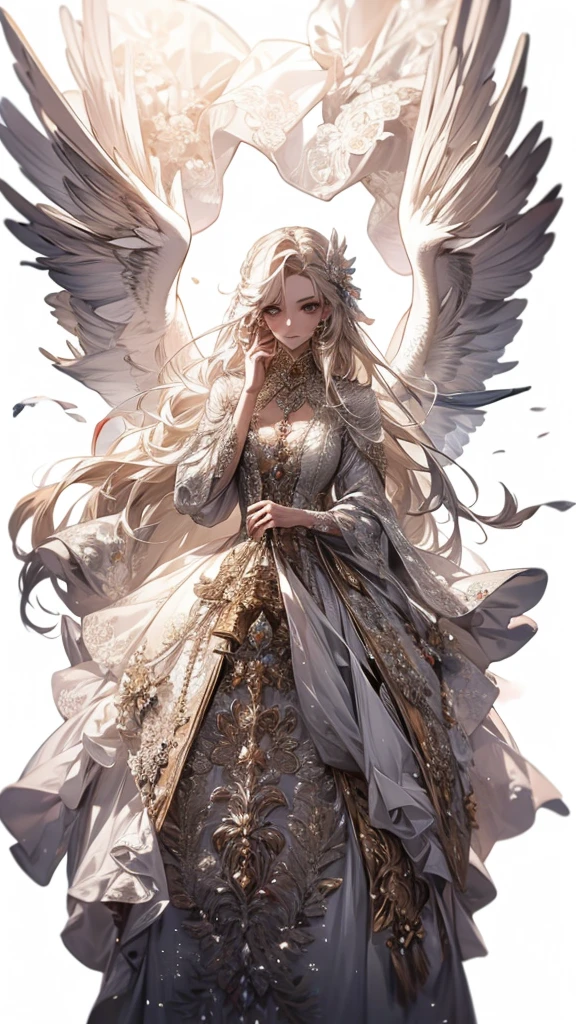 White clothes，wing, Very detailed, Floral clothes，Long Hair Girl, Female Magician