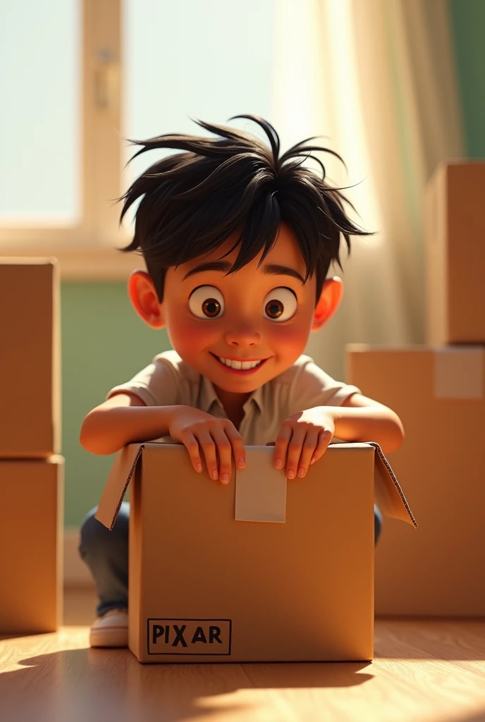 Latino boy opening packing tape on a Pixar-style cardboard box 