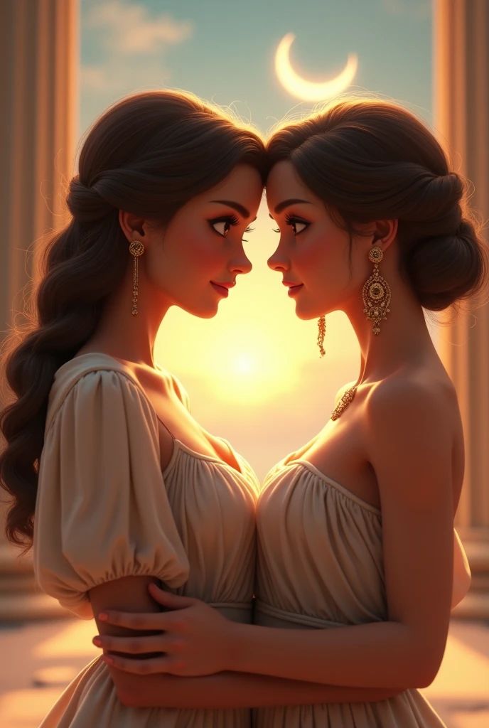 ((Two beautiful women holding hands and looking at each other))、2、Ancient Greek scene 、(Detailed depiction of beautiful faces)、Beautifully shaped eyes and nose、Kind smile、hairstyle、Beautiful appearance、Cinematic scenes、Movie Lighting、Soft Light、Ray Tracing、(Soft Focus)、(Nostalgia)、Classical atmosphere、Blurred Background、(A crescent moon in the starry sky)、(Watercolor painting in Sargent style)、(David Hamilton Style)、(best quality、high resolution、masterpiece)、4K animation art、