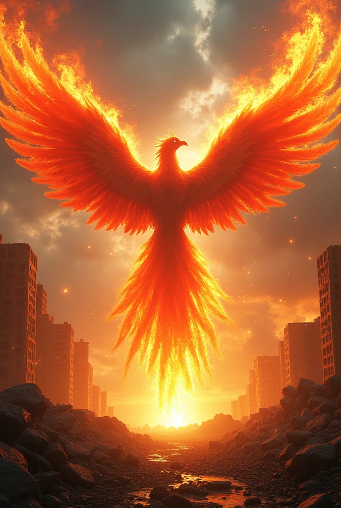 Giant Phoenix、Continues spitting flames、Explosive Flame、ruins、explosion