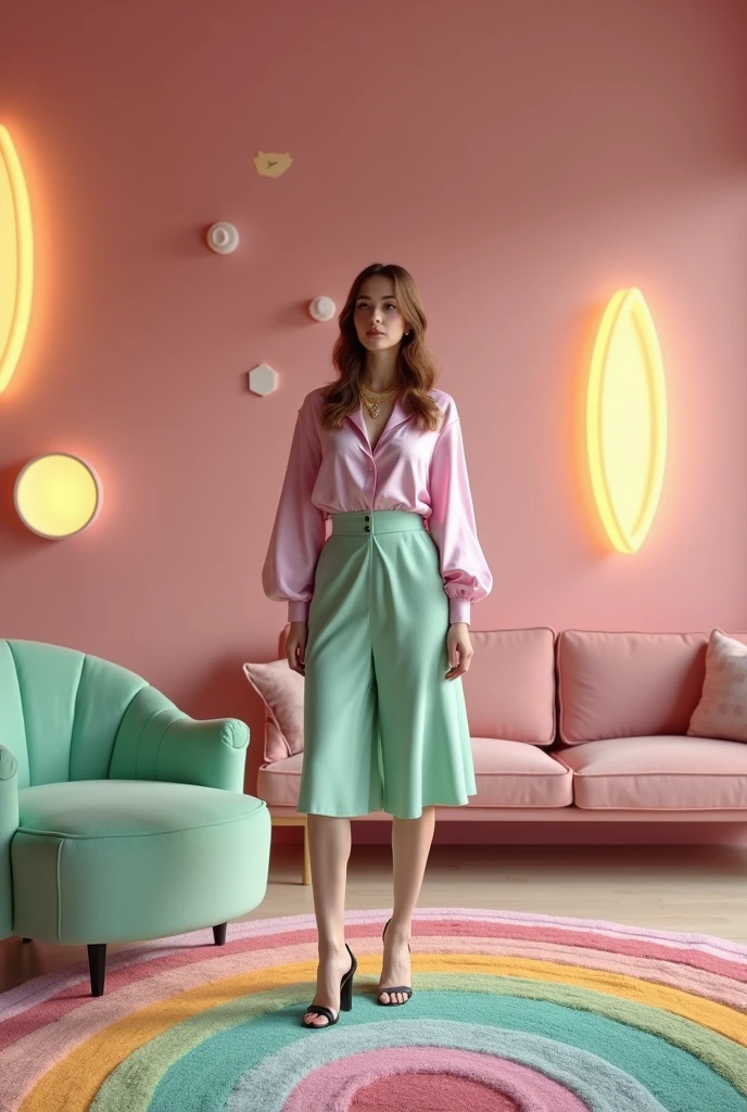[Lighting: Soft ambient lighting with warm, glowing accents, highlighting textures and colors] [Camera: Wide-angle interior shot, focusing on the woman and her detailed outfit, capturing the entire living room environment] [Resolution: 4k, hyper-realistic, with intricate details] [Style: Whimsical yet elegant, vibrant pastels, sophisticated yet playful] [Inspiration: Surreal children's playrooms, Luxurious interiors, Modern chic fashion]. A photorealistic 4K image of a stylish adult living room inspired by vibrant children's playrooms. The room features a blush pink velvet sofa, a mint green armchair, and a rainbow-colored rug with soft curves and textures. The walls are adorned with floating, glowing geometric shapes, and there are whimsical elements like oversized cushions and playful light fixtures. A single beautiful woman stands in the room, dressed in a pastel pink silk blouse with a high-waisted mint green skirt and delicate gold accessories. Her outfit complements the room’s playful yet refined decor, blending elegance with a touch of whimsy. The image is captured with a wide-angle lens, ensuring every detail, from the rich textures of the fabrics to the warm glow of the lighting, is rendered in stunning realism.
