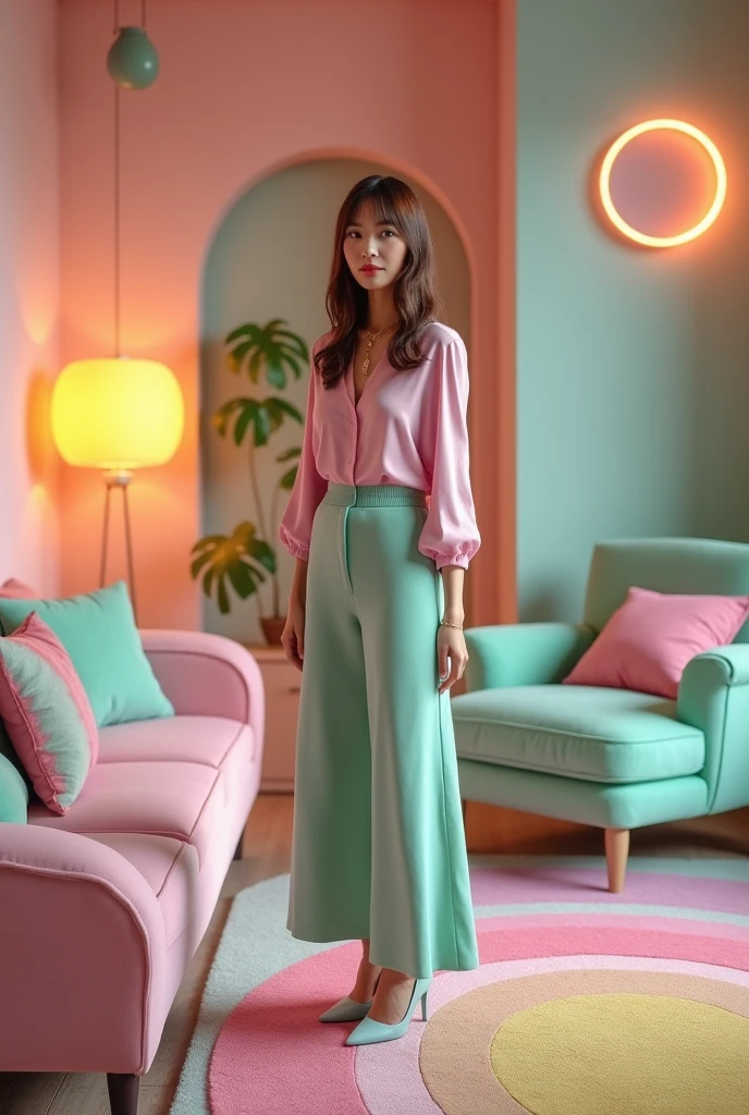 [Lighting: Soft ambient lighting with warm, glowing accents, highlighting textures and colors] [Camera: Wide-angle interior shot, focusing on the woman and her detailed outfit, capturing the entire living room environment] [Resolution: 4k, hyper-realistic, with intricate details] [Style: Whimsical yet elegant, vibrant pastels, sophisticated yet playful] [Inspiration: Surreal children's playrooms, Luxurious interiors, Modern chic fashion]. A photorealistic 4K image of a stylish adult living room inspired by vibrant children's playrooms. The room features a blush pink velvet sofa, a mint green armchair, and a rainbow-colored rug with soft curves and textures. The walls are adorned with floating, glowing geometric shapes, and there are whimsical elements like oversized cushions and playful light fixtures. A single beautiful woman stands in the room, dressed in a pastel pink silk blouse with a high-waisted mint green skirt and delicate gold accessories. Her outfit complements the room’s playful yet refined decor, blending elegance with a touch of whimsy. The image is captured with a wide-angle lens, ensuring every detail, from the rich textures of the fabrics to the warm glow of the lighting, is rendered in stunning realism.
