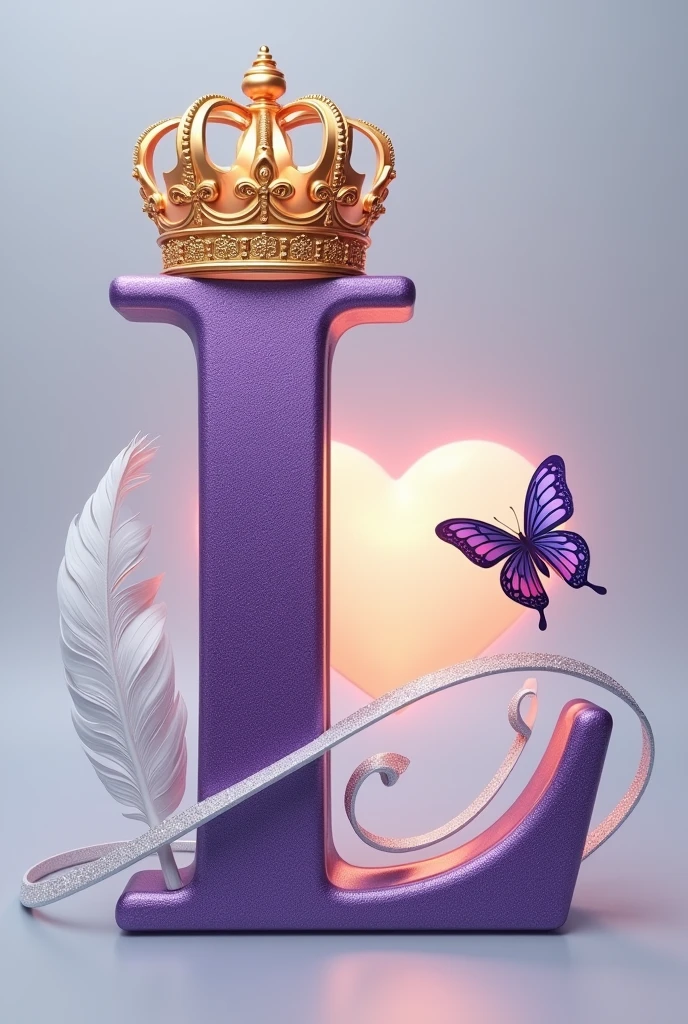 A 3d render of the a capital letter "L" in a purple and gold metallic font with a golden British crown above letter and a white feather and butterfly, with a light shine behind the letter, and a silver swirl underneath. A red heart , The background is a light gray.