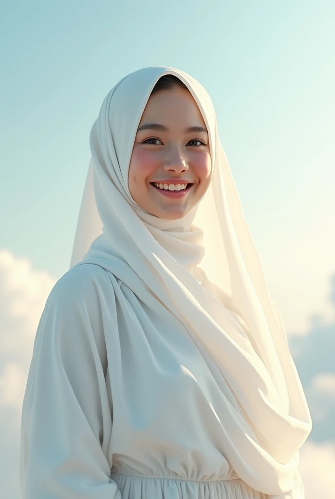 Beautiful white Muslim girl with white sky and clouds behind her in loose white clothes and a beautiful smile and full cheeks